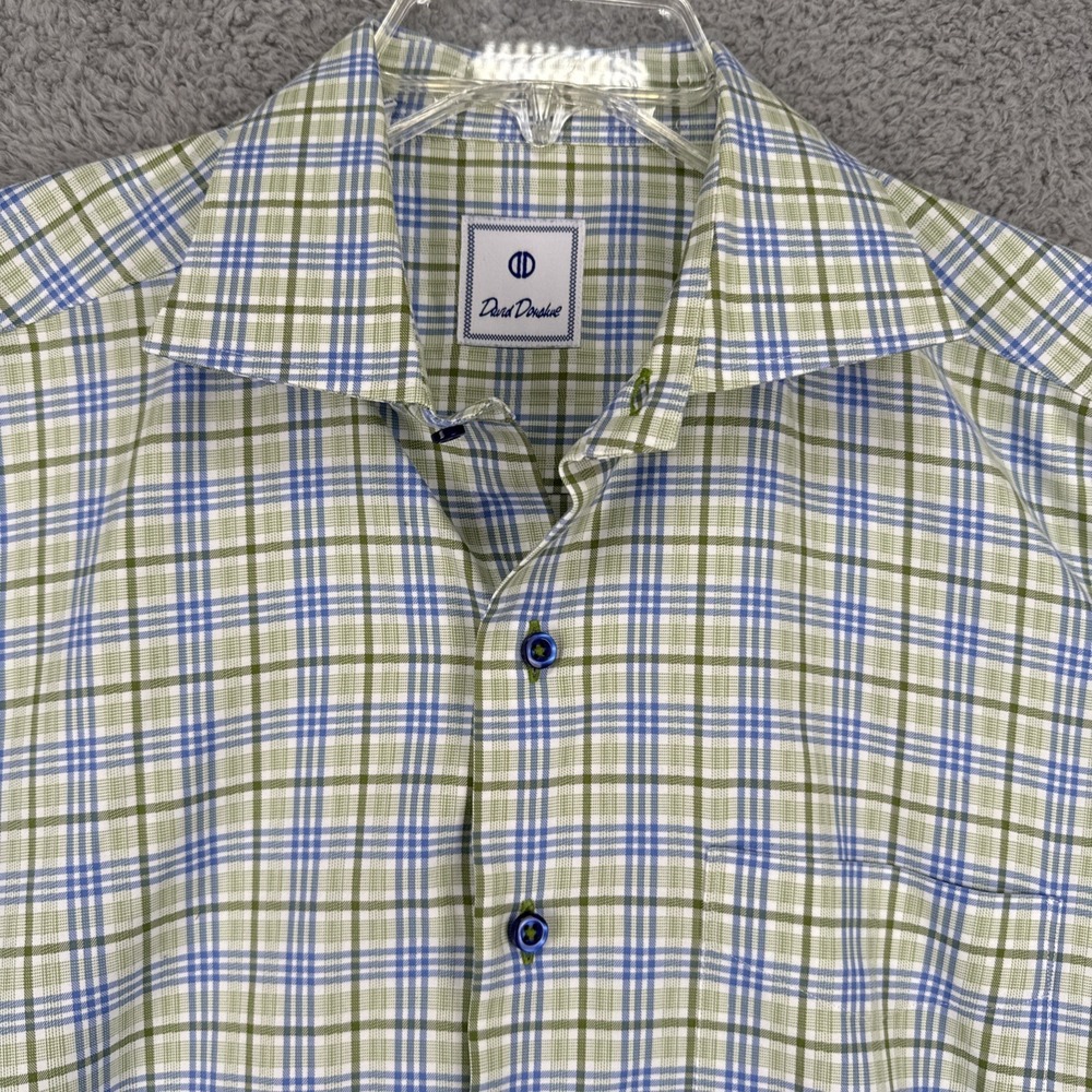 David Donahue Button Down Shirt Mens Large Green Blue Plaid Long Sleeve Cotton